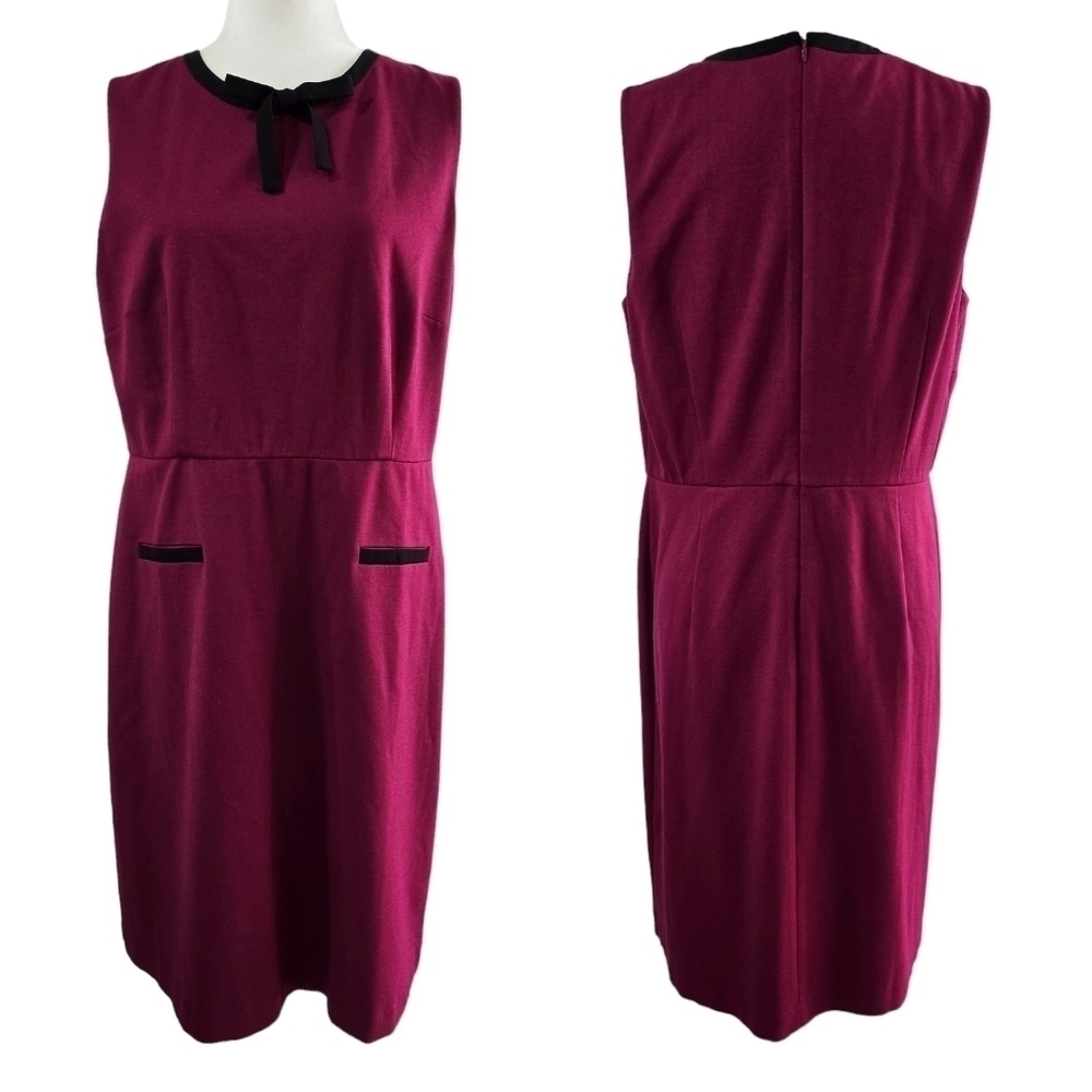 Talbots Dark Pink Tipped Ponte Tie-Neck Sheath Dress Stretch Career Preppy